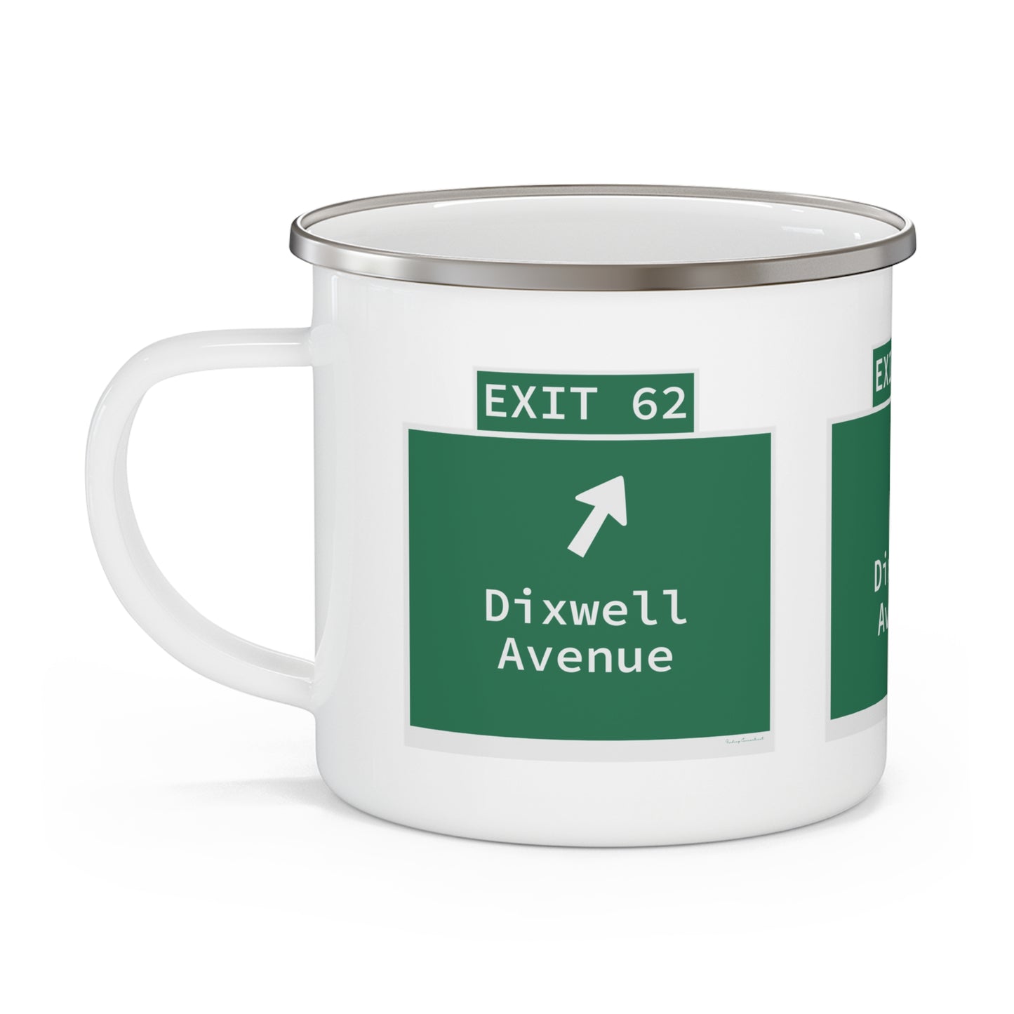 Vintage WCP Exit 62 Sign Enamel Camping Mug