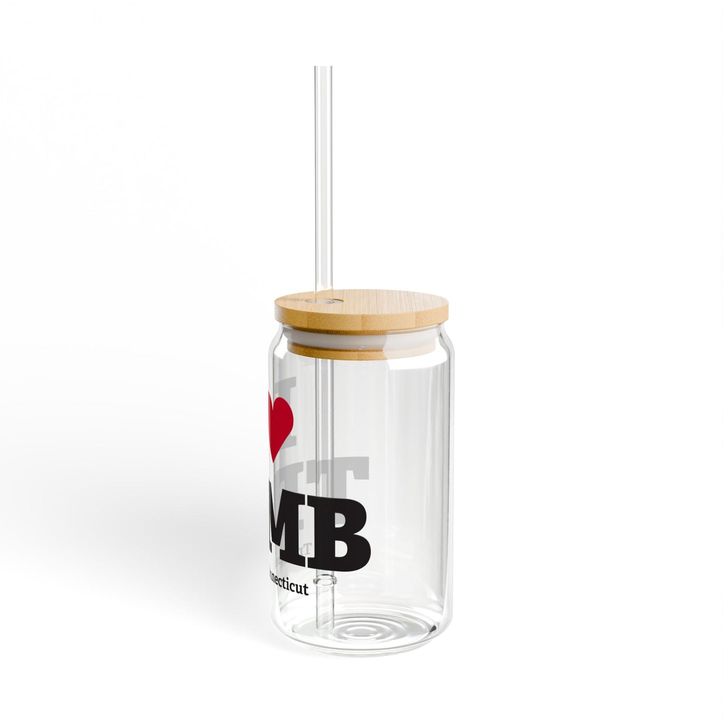 I Heart TRMB Glass Can with Straw and Lid, 16oz
