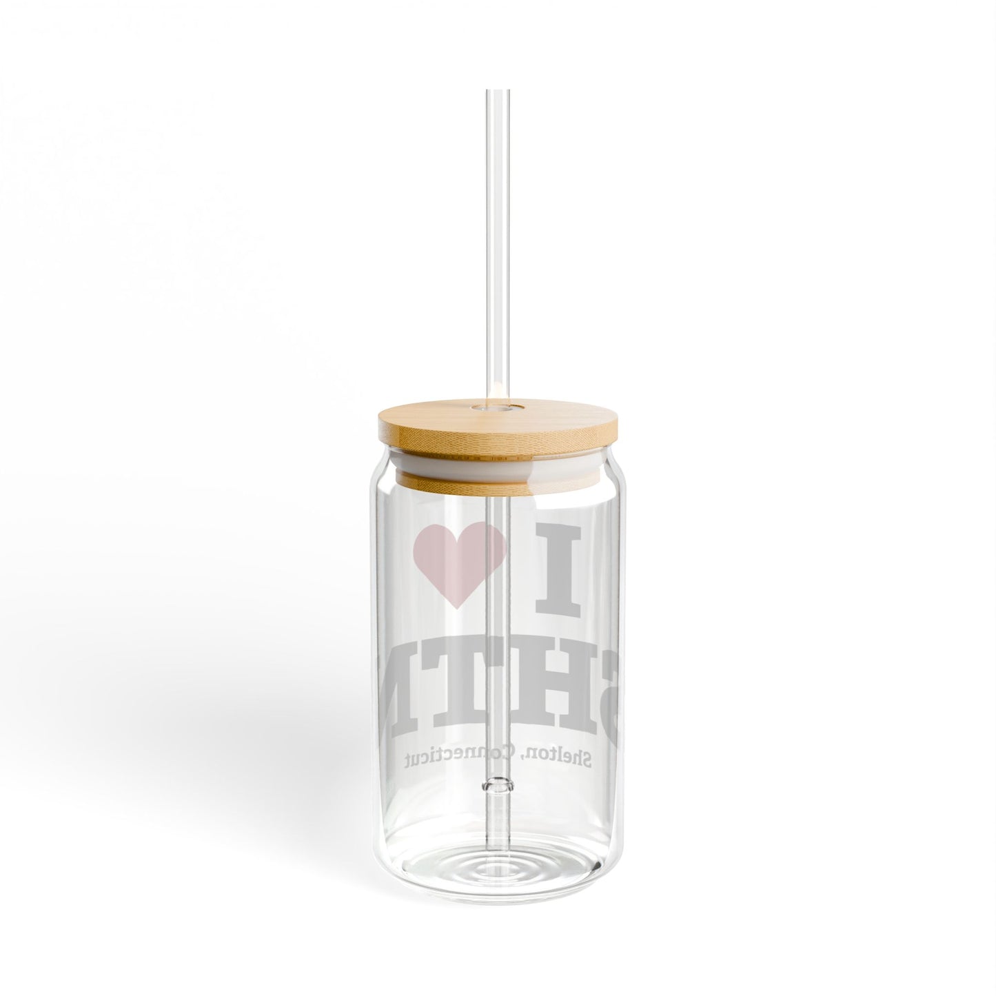 I Heart SHTN Glass Can with Straw and Lid, 16oz