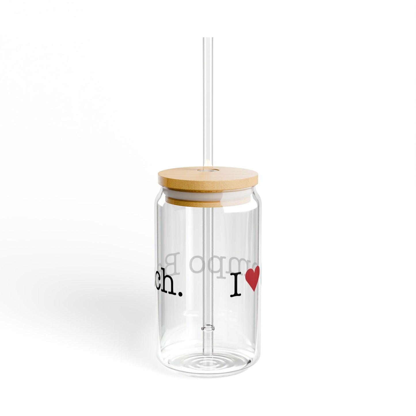 I Heart Compo Beach. Glass Can with Straw and Lid, 16oz