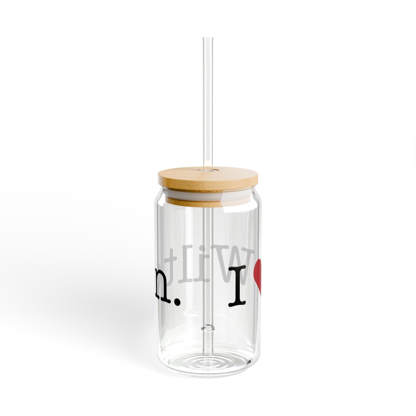 I Heart Wilton. Glass Can with Straw and Lid, 16oz