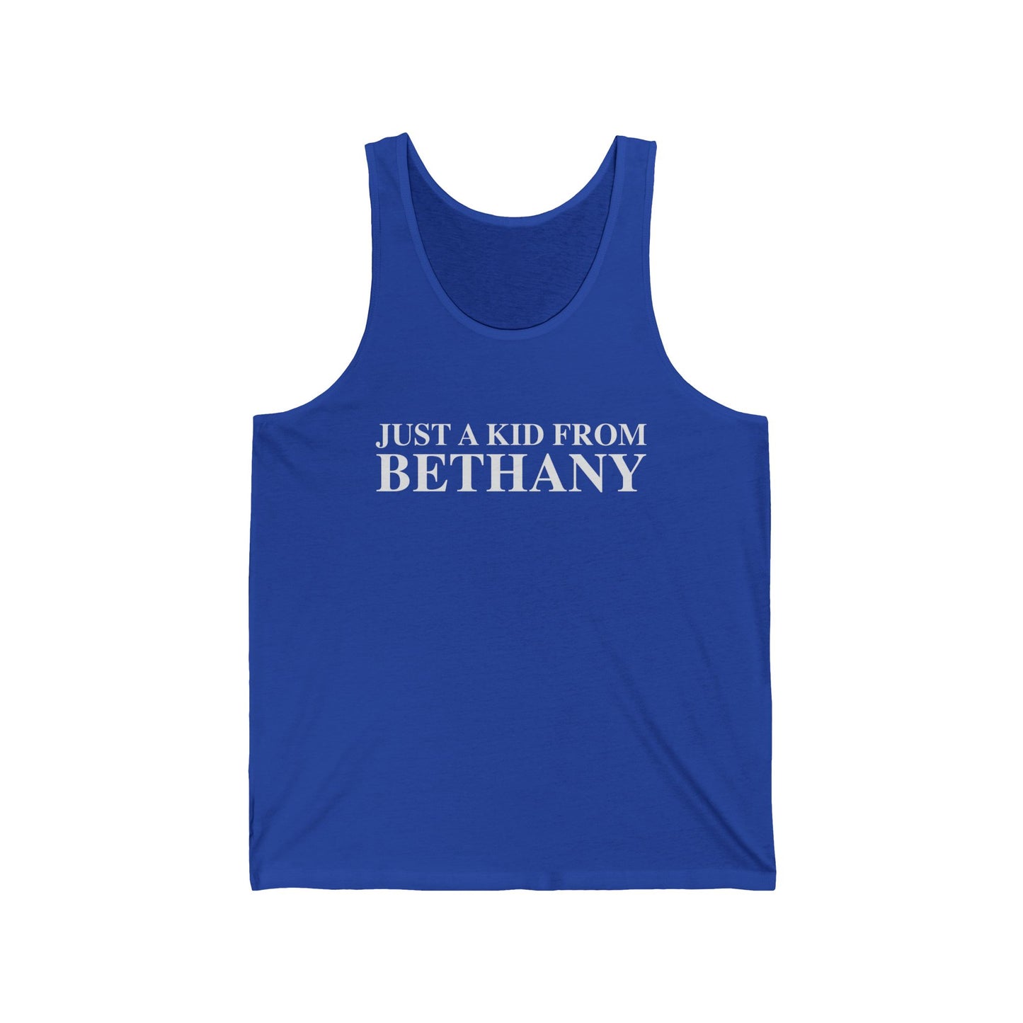 Just a kid from Bethany Unisex Jersey Tank Top