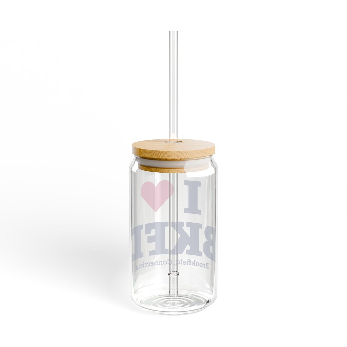 I Heart BKFD Glass Can with Straw and Lid, 16oz