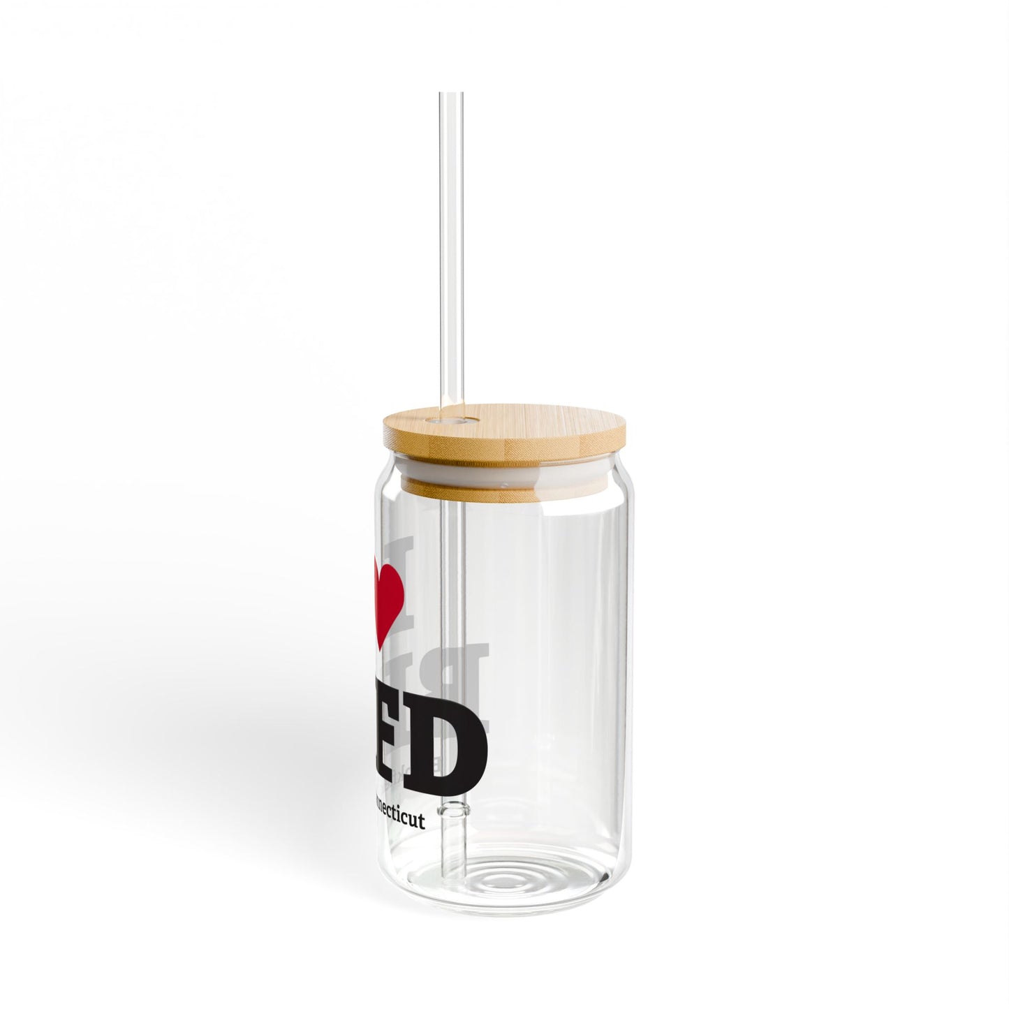 I Heart BKFD Glass Can with Straw and Lid, 16oz