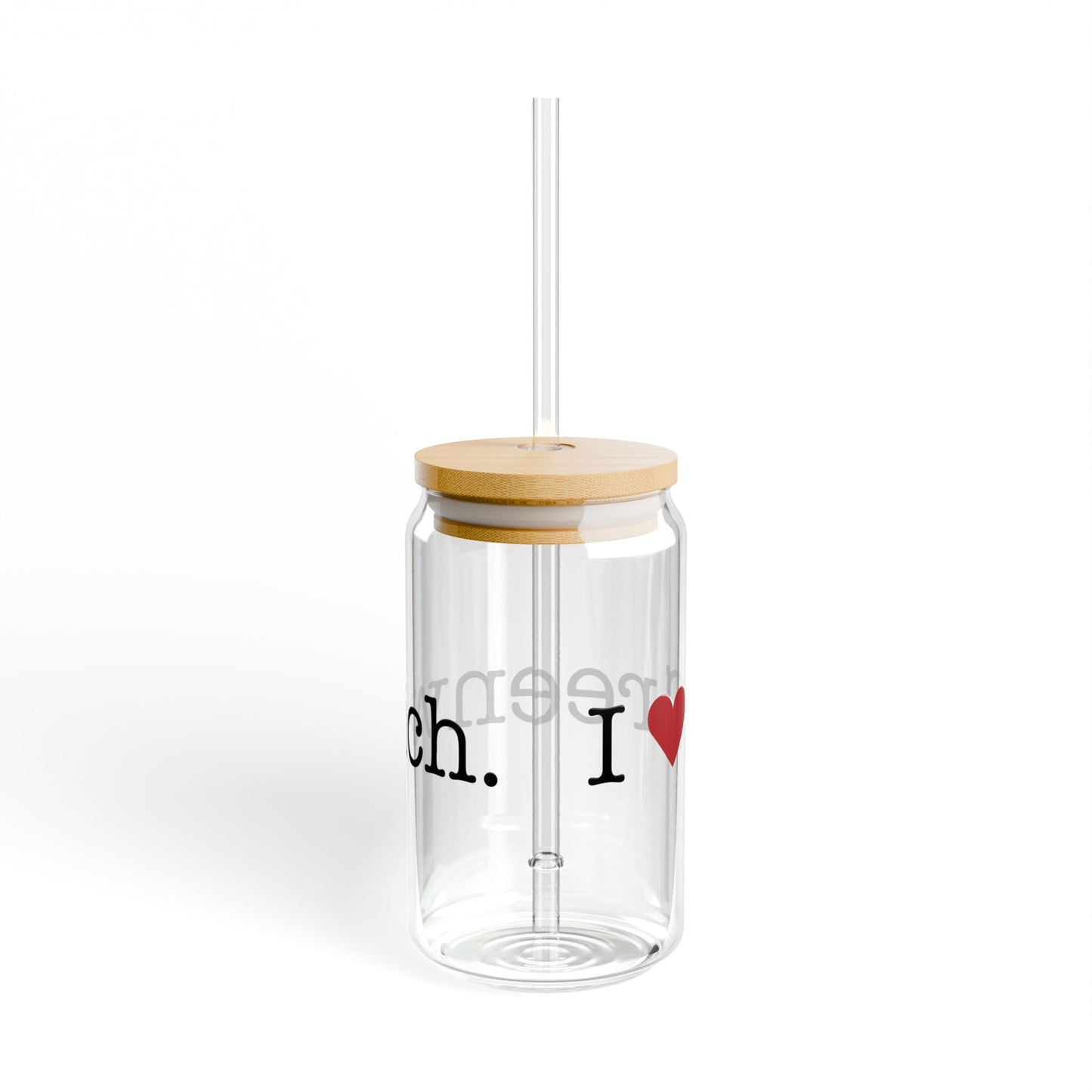 I Heart Greenwich. Glass Can with Straw and Lid, 16oz