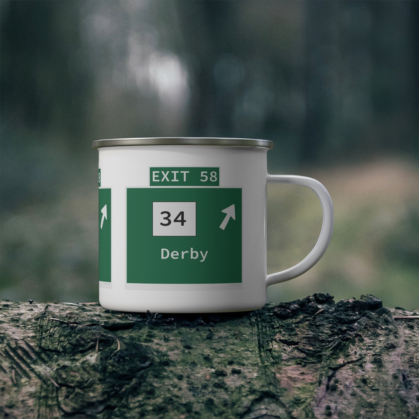 Vintage WCP Exit 58 Sign Enamel Camping Mug