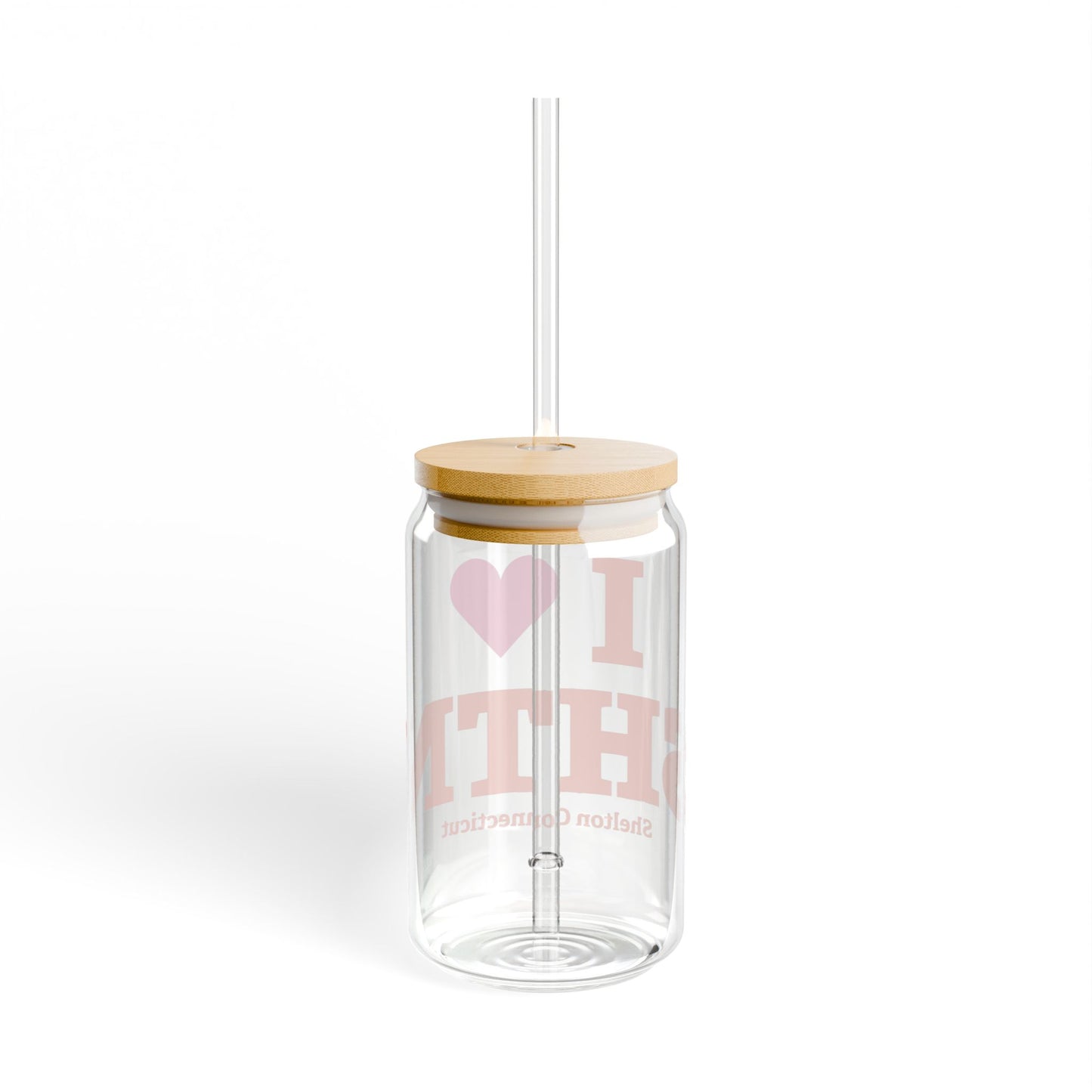 I Heart SHTN Glass Can with Straw and Lid, 16oz