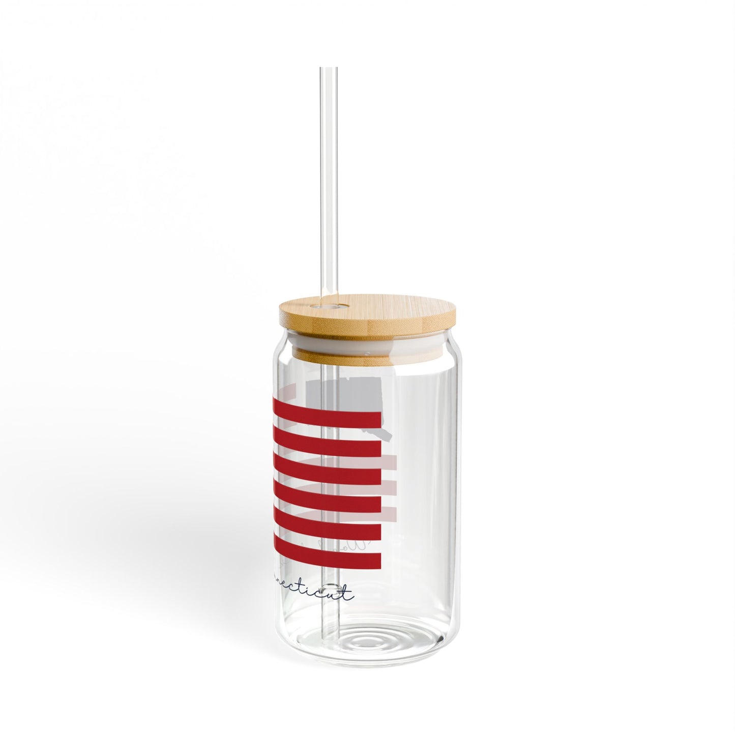 Woodstock Connecticut Flag Glass Can with Straw and Lid, 16oz