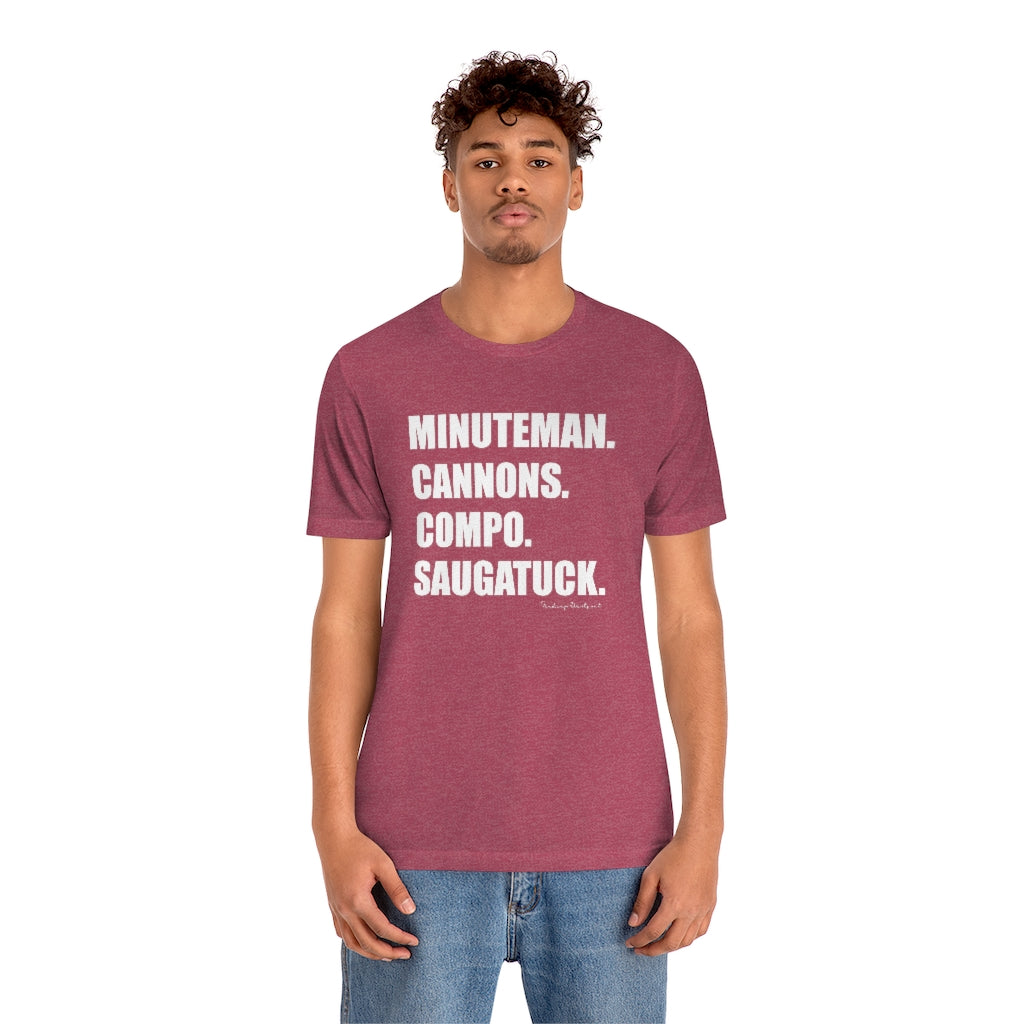 Minuteman. Cannons. Compo. Saugatuck. Unisex Jersey Short Sleeve Tee How do you say Westport without saying Westport? Westport, Connecticut is filled with unique aspects. Each providing different elements that make up the town from historic to modern traditions. Minuteman. Cannons. Compo. Saugatuck. You know its Westport. Proceeds of this collection goes to help build Finding Westport and Finding Connecticut's brands.