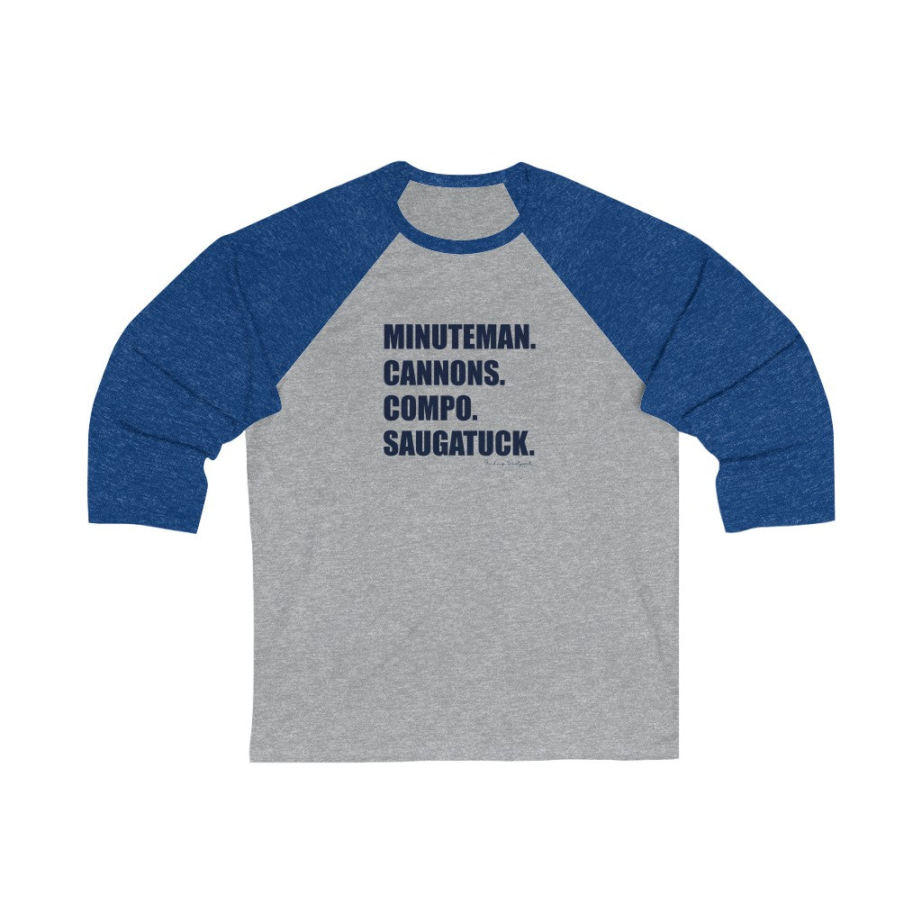Minuteman. Cannons. Compo. Saugatuck. Unisex 3/4 Sleeve Baseball Tee How do you say Westport without saying Westport? Westport, Connecticut is filled with unique aspects. Each providing different elements that make up the town from historic to modern traditions. Minuteman. Cannons. Compo. Saugatuck. You know its Westport. Proceeds of this collection goes to help build Finding Westport and Finding Connecticut's brands.