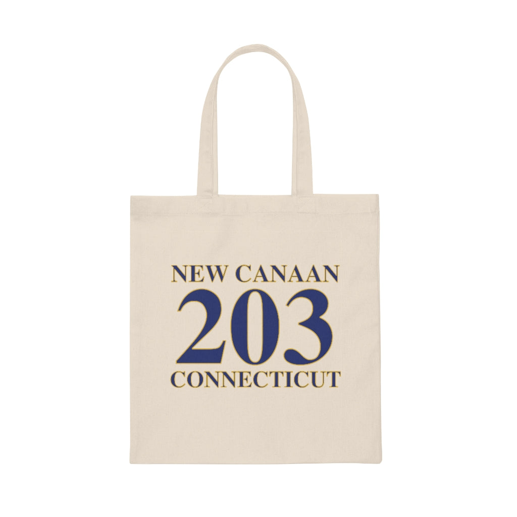 New Canaan 203 Connecticut Canvas Tote Bag The 203 New Canaan Collection. Show off New Canaan and Connecticut at the same time. Colors were inspired by the Connecticut state flag. Proceeds help build Finding New Canaan and Finding Connecticut's brand.