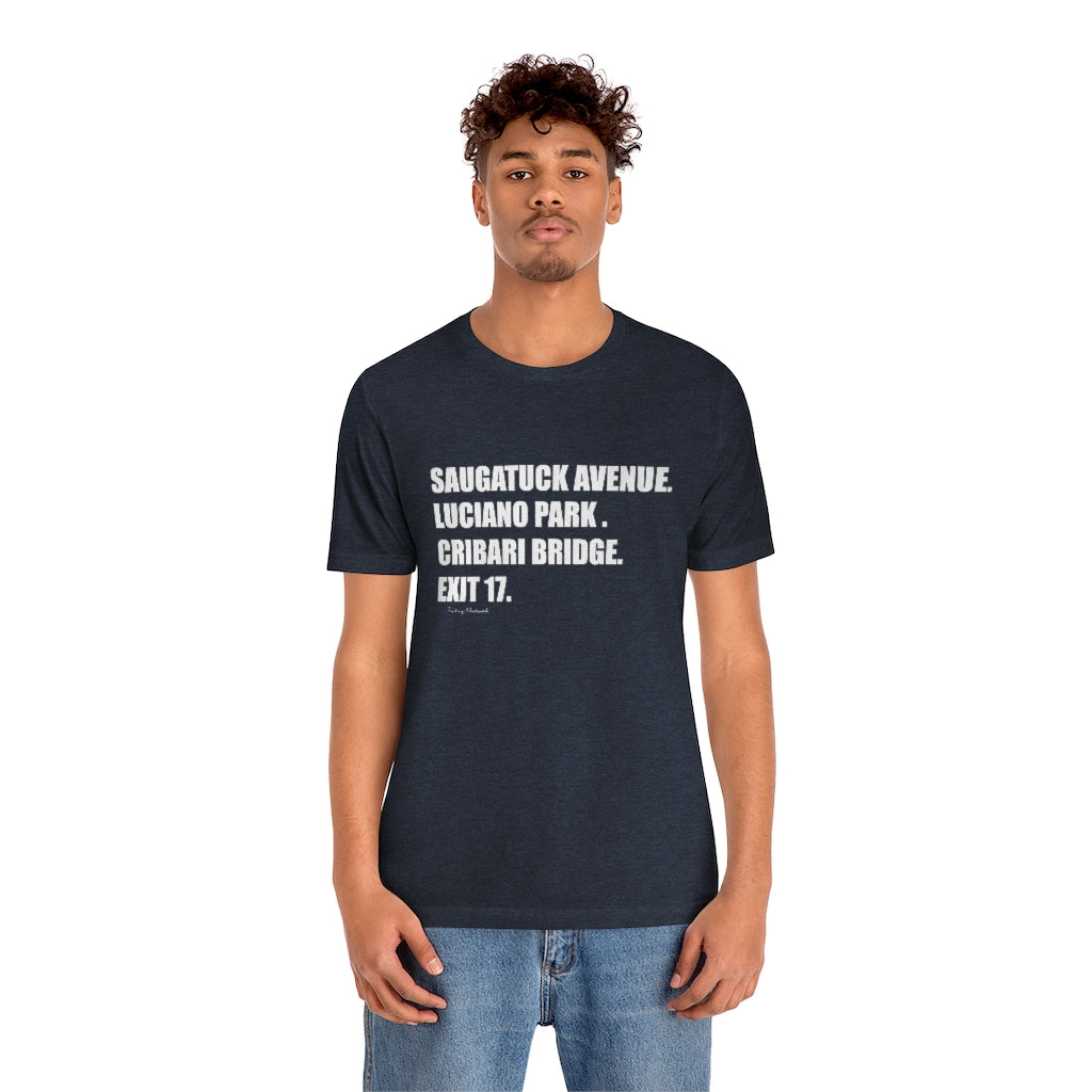 Saugatuck Ave. Luciano Park. Cribari Bridge. Exit 17. Unisex Jersey Short Sleeve Tee How do you say Westport without saying Westport? Westport, Connecticut is filled with unique aspects. Each providing different elements that make up the town from historic to modern traditions. Proceeds of this collection goes to help build Finding Westport and Finding Connecticut's brands.