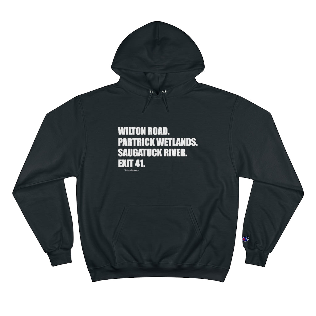 Wilton Road. Partrick Wetlands. Saugatuck River. Exit 41. Champion Hoodie How do you say Westport without saying Westport? Westport, Connecticut is filled with unique aspects. Each providing different elements that make up the town from historic to modern traditions. Proceeds of this collection goes to help build Finding Westport and Finding Connecticut's brands.