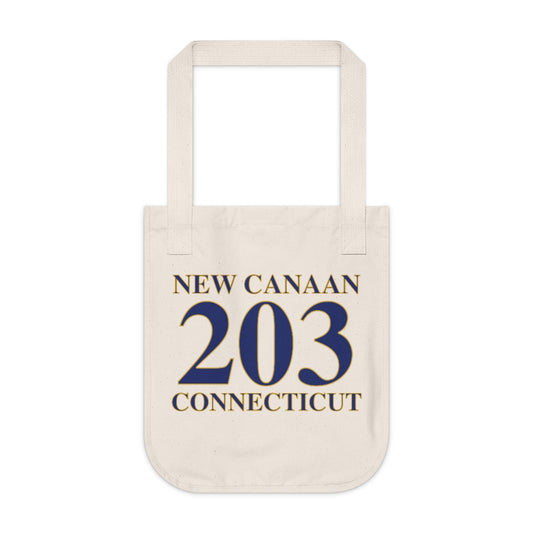 New Canaan 203 Connecticut Organic Canvas Tote Bag  The 203 New Canaan Collection. Show off New Canaan and Connecticut at the same time. Colors were inspired by the Connecticut state flag.   Proceeds help build Finding New Canaan and Finding Connecticut's brand.