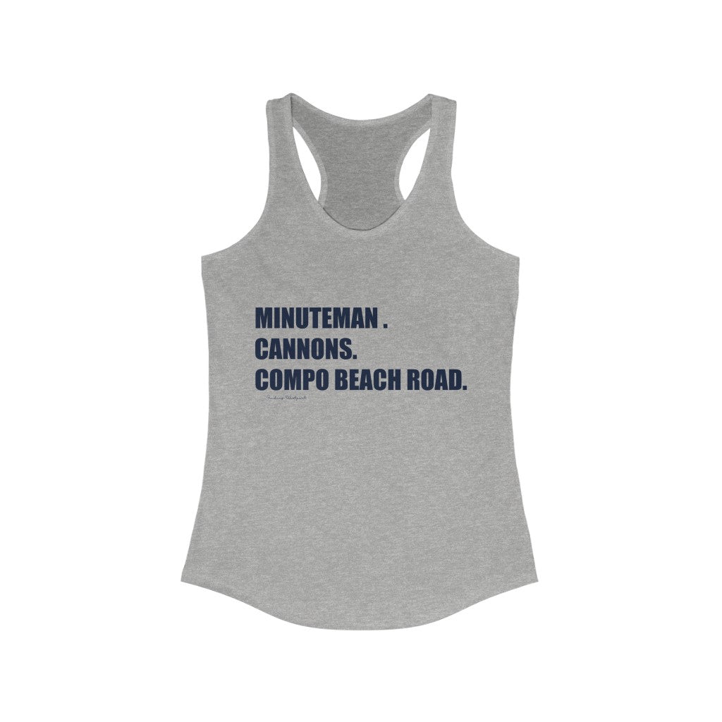 Minuteman. Cannons. Compo Beach Road. Women's Ideal Racerback Tank How do you say Westport without saying Westport? Westport, Connecticut is filled with unique aspects. Each providing different elements that make up the town from historic to modern traditions. Minuteman. Cannons. Compo Beach Road. You know its Westport. Proceeds of this collection goes to help build Finding Westport and Finding Connecticut's brands.