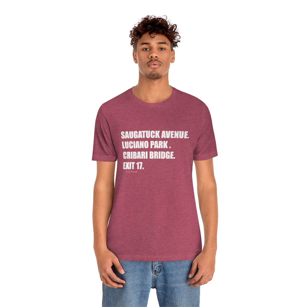 Saugatuck Ave. Luciano Park. Cribari Bridge. Exit 17. Unisex Jersey Short Sleeve Tee How do you say Westport without saying Westport? Westport, Connecticut is filled with unique aspects. Each providing different elements that make up the town from historic to modern traditions. Proceeds of this collection goes to help build Finding Westport and Finding Connecticut's brands.