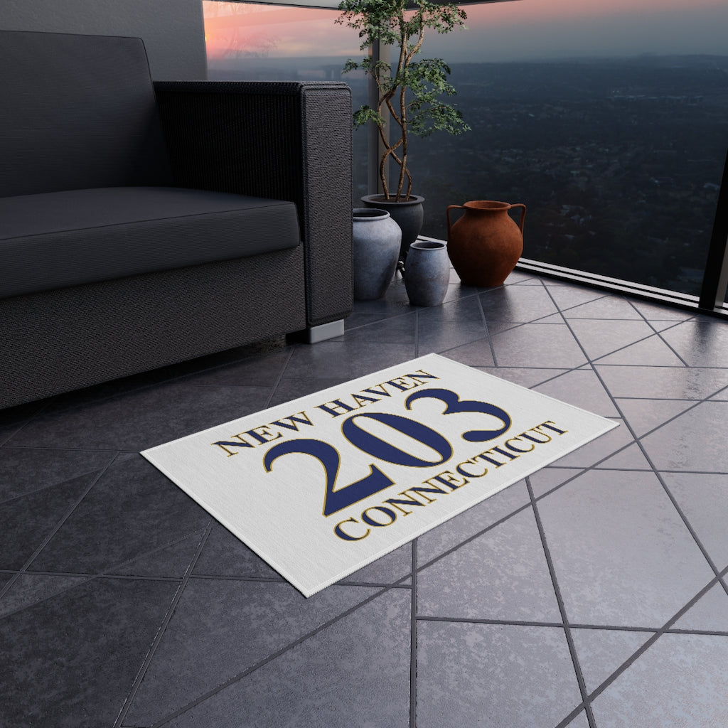 New Haven 203 Connecticut Outdoor Rug New Haven 203 Collection. Inspired by the Connecticut flag and the 203! Show off for your pride for Connecticut and Hartford! Proceeds of this collection go to help build Finding Connecticut’s website and brand. • Free USA shipping Click here to go to our home page