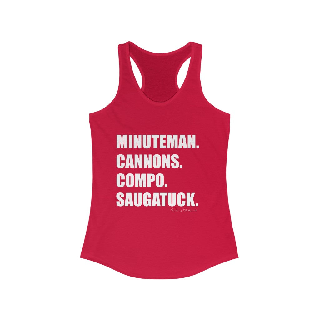 Minuteman. Cannons. Compo. Saugatuck. Women's Ideal Racerback Tank How do you say Westport without saying Westport? Westport, Connecticut is filled with unique aspects. Each providing different elements that make up the town from historic to modern traditions. Minuteman. Cannons. Compo. Saugatuck. You know its Westport. Proceeds of this collection goes to help build Finding Westport and Finding Connecticut's brands.