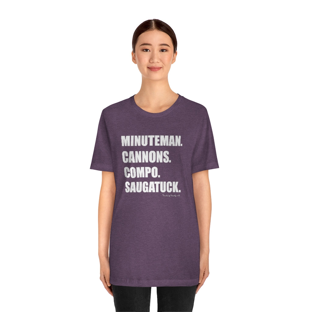 Minuteman. Cannons. Compo. Saugatuck. Unisex Jersey Short Sleeve Tee How do you say Westport without saying Westport? Westport, Connecticut is filled with unique aspects. Each providing different elements that make up the town from historic to modern traditions. Minuteman. Cannons. Compo. Saugatuck. You know its Westport. Proceeds of this collection goes to help build Finding Westport and Finding Connecticut's brands.