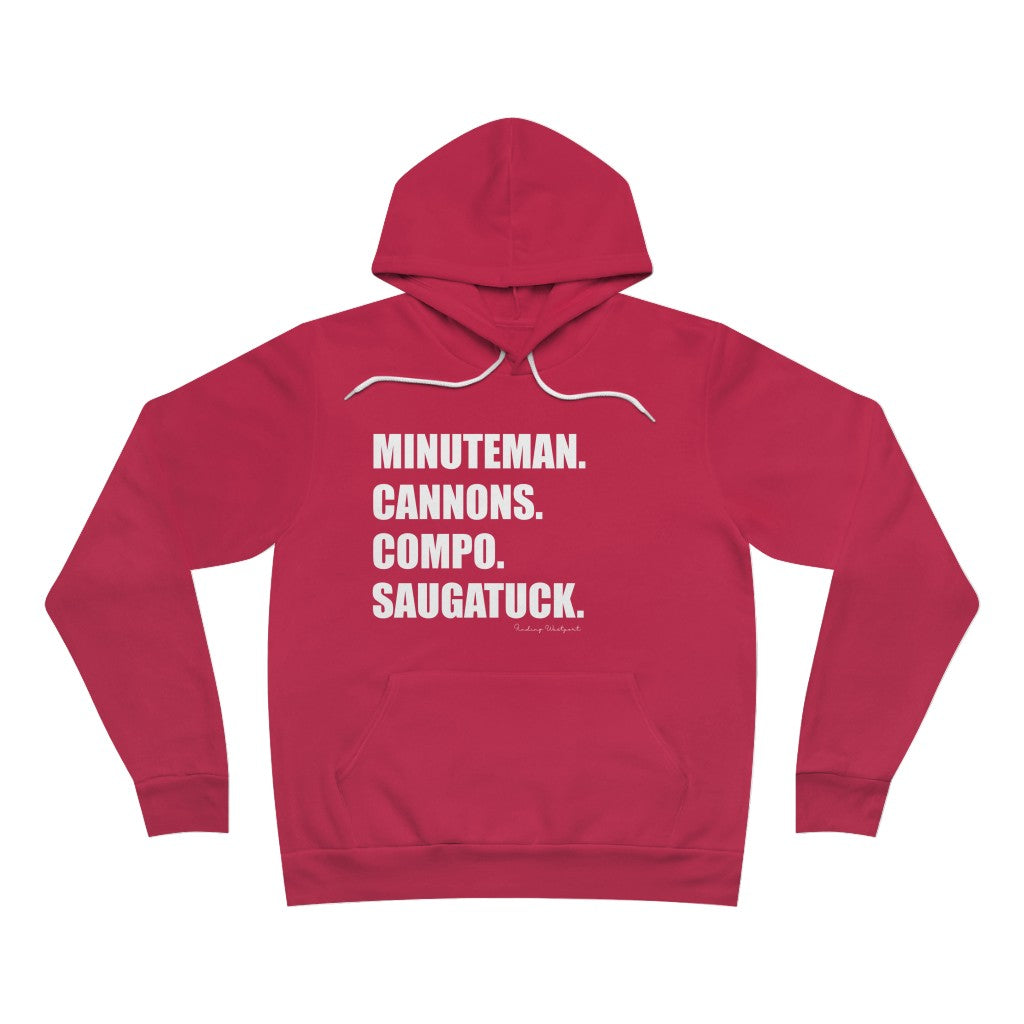 Minuteman. Cannons. Compo. Saugatuck. Unisex Spong Fleece Pullover Hoodie How do you say Westport without saying Westport? Westport, Connecticut is filled with unique aspects. Each providing different elements that make up the town from historic to modern traditions. Minuteman. Cannons. Compo. Saugatuck. You know its Westport. Proceeds of this collection goes to help build Finding Westport and Finding Connecticut's brands.