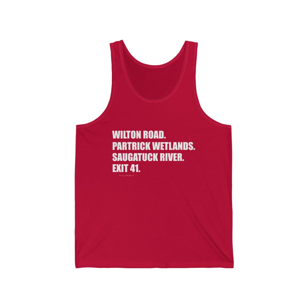 Wilton Road. Partrick Wetlands. Saugatuck River. Exit 41. Unisex Jersey Tank How do you say Westport without saying Westport? Westport, Connecticut is filled with unique aspects. Each providing different elements that make up the town from historic to modern traditions. Proceeds of this collection goes to help build Finding Westport and Finding Connecticut's brands.