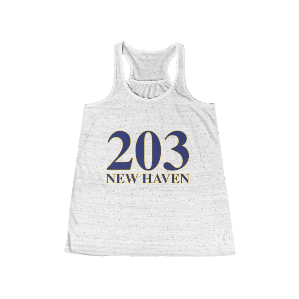 203 New Haven Women's Flowy Racerback Tank 203 New Haven Collection. Inspired by the Connecticut flag and the 203! Show off for your pride for Connecticut and New Haven!   Proceeds of this collection go to help build Finding Connecticut’s website and brand. • Free USA shipping   Click here to go to our home page
