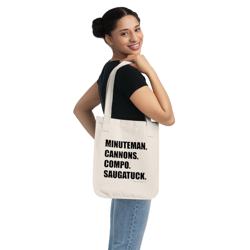 Minuteman. Cannons. Compo. Saugatuck. Organic Canvas Tote Bag How do you say Westport without saying Westport? Westport, Connecticut is filled with unique aspects. Each providing different elements that make up the town from historic to modern traditions. Minuteman. Cannons. Compo. Saugatuck. You know its Westport. Proceeds of this collection goes to help build Finding Westport and Finding Connecticut's brands.