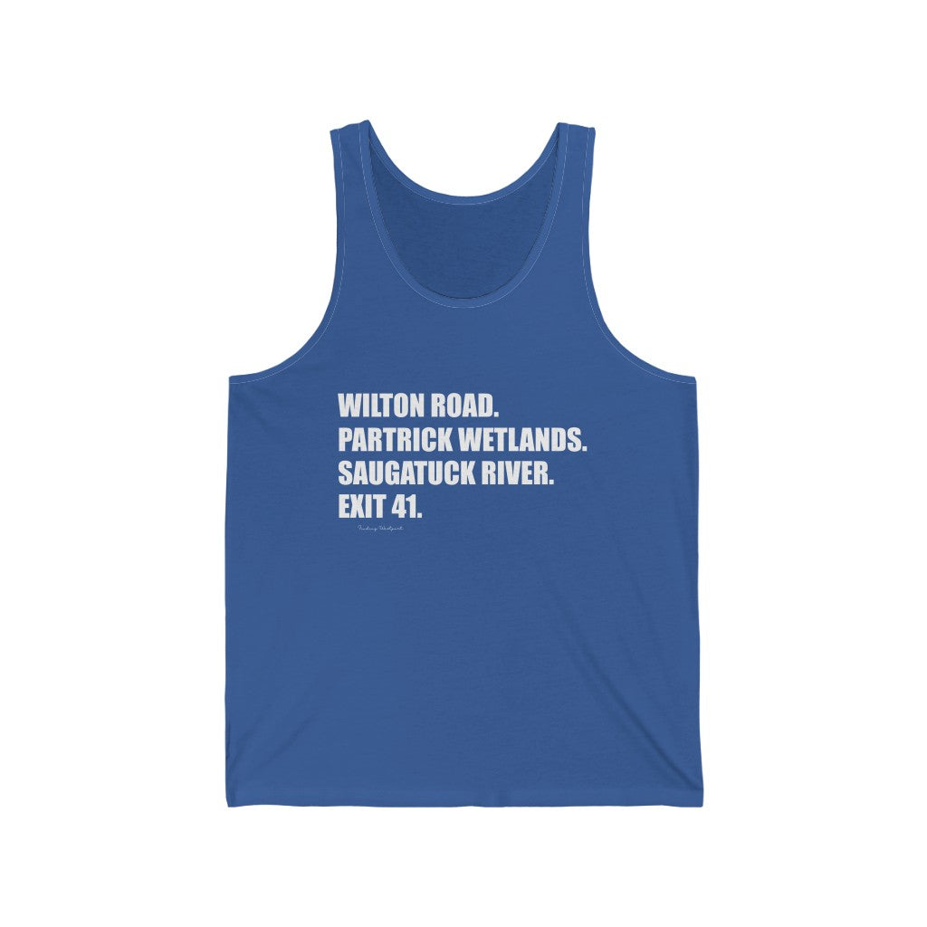 Wilton Road. Partrick Wetlands. Saugatuck River. Exit 41. Unisex Jersey Tank How do you say Westport without saying Westport? Westport, Connecticut is filled with unique aspects. Each providing different elements that make up the town from historic to modern traditions. Proceeds of this collection goes to help build Finding Westport and Finding Connecticut's brands.