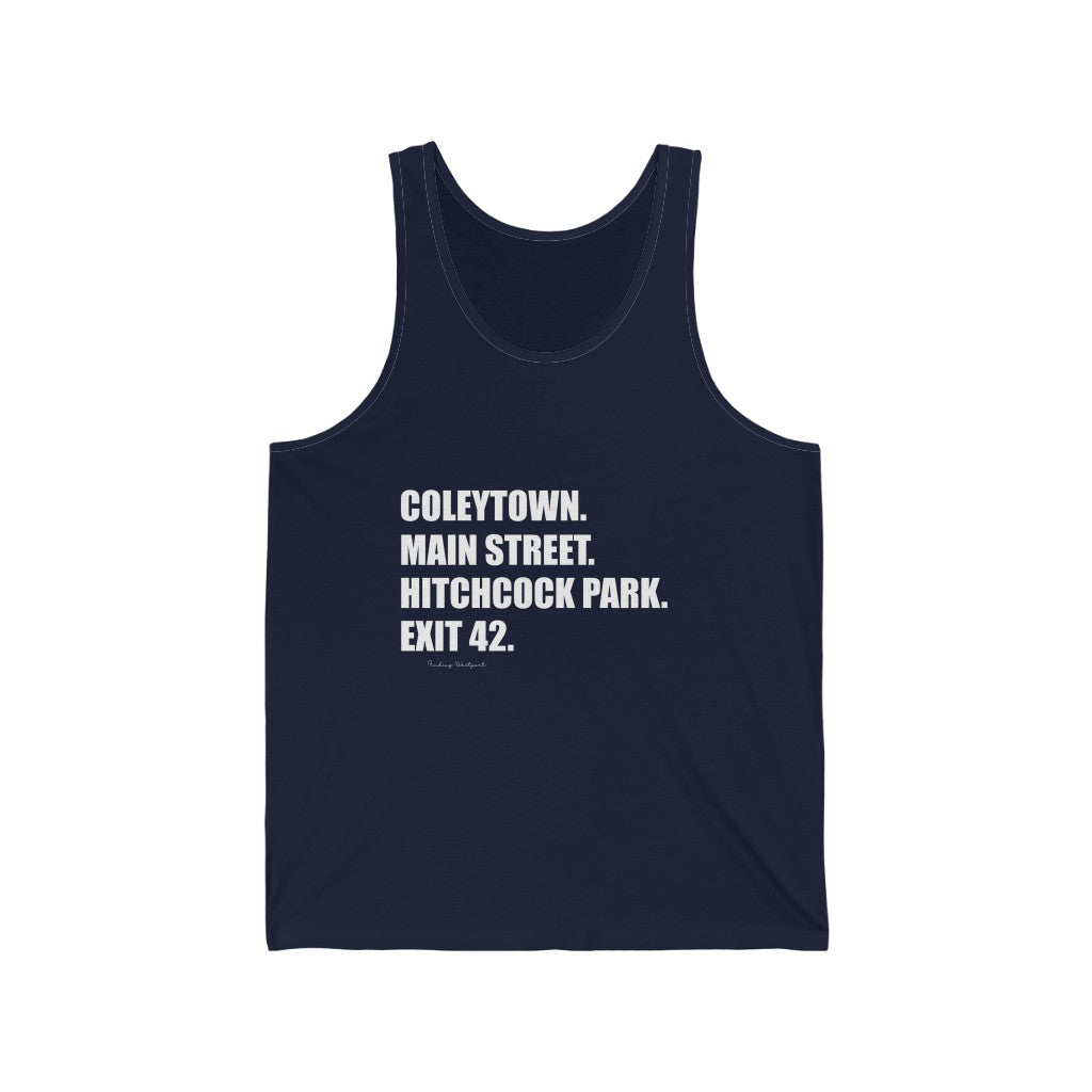 Coleytown. Main Street. Hitchcock Park. Exit 42. Unisex Jersey Tank How do you say Westport without saying Westport? Westport, Connecticut is filled with unique aspects. Each providing different elements that make up the town from historic to modern traditions. Proceeds of this collection goes to help build Finding Westport and Finding Connecticut's brands.