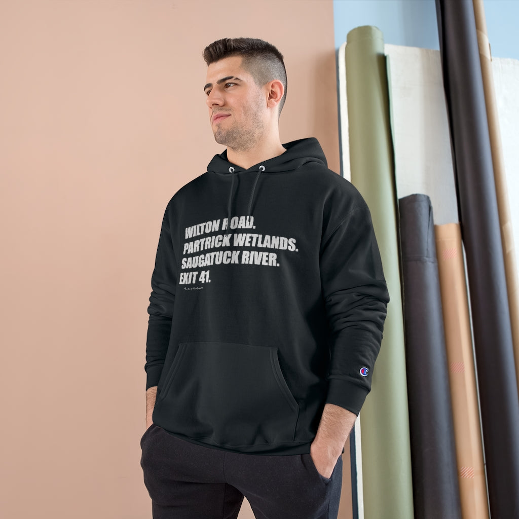 Wilton Road. Partrick Wetlands. Saugatuck River. Exit 41. Champion Hoodie How do you say Westport without saying Westport? Westport, Connecticut is filled with unique aspects. Each providing different elements that make up the town from historic to modern traditions. Proceeds of this collection goes to help build Finding Westport and Finding Connecticut's brands.