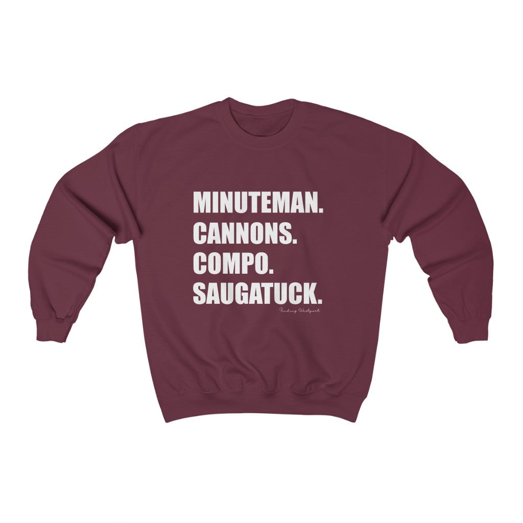 Minuteman. Cannons. Compo. Saugatuck. Unisex Heavy Blend Crewneck Sweatshirt How do you say Westport without saying Westport? Westport, Connecticut is filled with unique aspects. Each providing different elements that make up the town from historic to modern traditions. Minuteman. Cannons. Compo. Saugatuck. You know its Westport. Proceeds of this collection goes to help build Finding Westport and Finding Connecticut's brands.