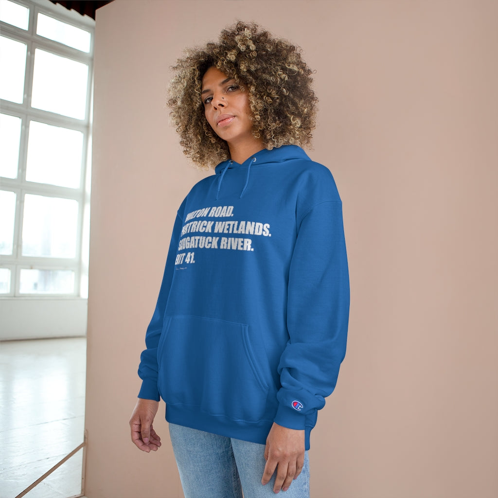 Wilton Road. Partrick Wetlands. Saugatuck River. Exit 41. Champion Hoodie How do you say Westport without saying Westport? Westport, Connecticut is filled with unique aspects. Each providing different elements that make up the town from historic to modern traditions. Proceeds of this collection goes to help build Finding Westport and Finding Connecticut's brands.