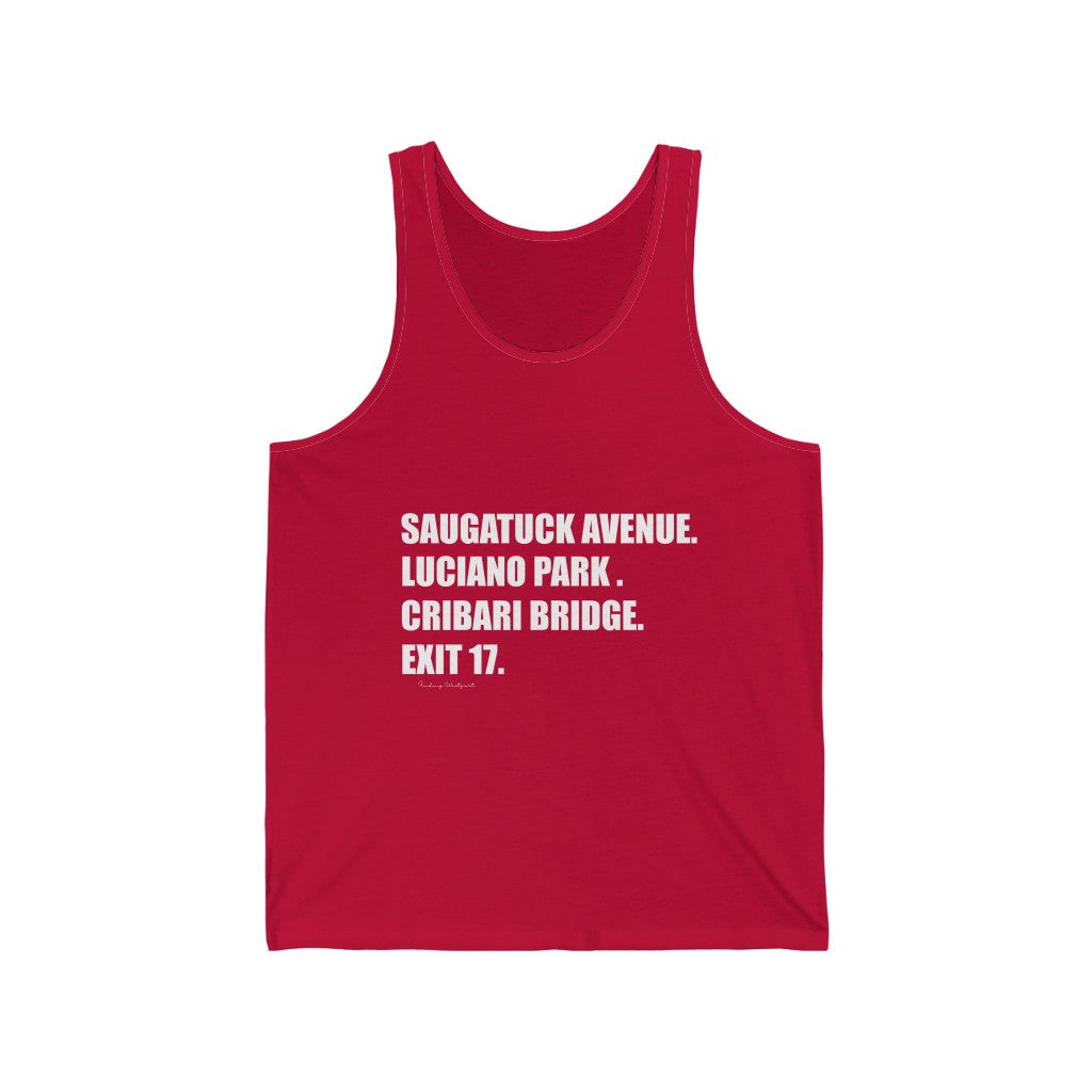 Saugatuck Ave. Luciano Park. Cribari Bridge. Exit 17. Unisex Jersey Tank How do you say Westport without saying Westport? Westport, Connecticut is filled with unique aspects. Each providing different elements that make up the town from historic to modern traditions. Proceeds of this collection goes to help build Finding Westport and Finding Connecticut's brands.