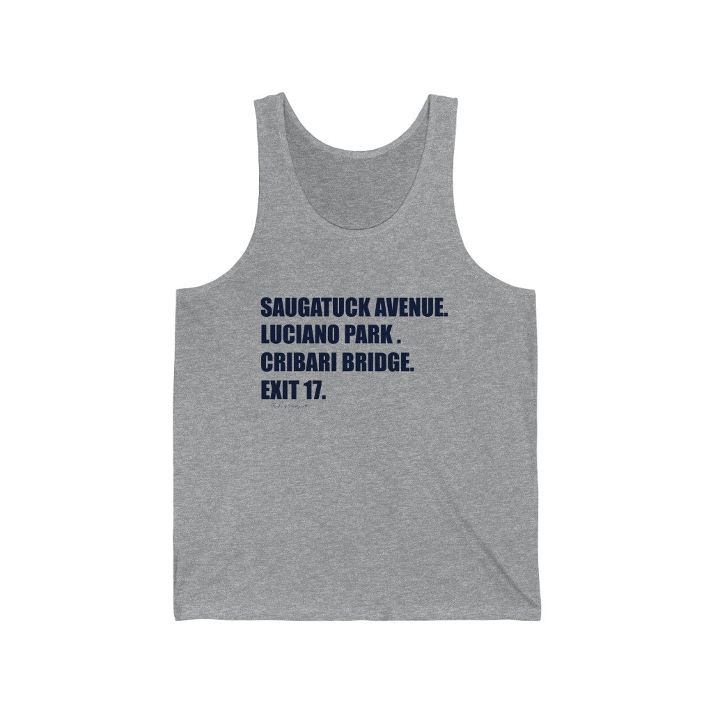 Saugatuck Ave. Luciano Park. Cribari Bridge. Exit 17. Unisex Jersey Tank How do you say Westport without saying Westport? Westport, Connecticut is filled with unique aspects. Each providing different elements that make up the town from historic to modern traditions. Proceeds of this collection goes to help build Finding Westport and Finding Connecticut's brands.
