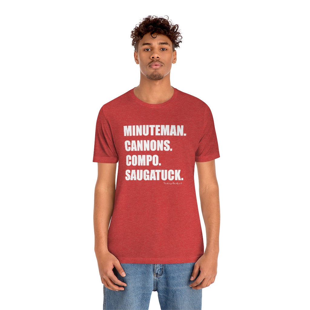 Minuteman. Cannons. Compo. Saugatuck. Unisex Jersey Short Sleeve Tee How do you say Westport without saying Westport? Westport, Connecticut is filled with unique aspects. Each providing different elements that make up the town from historic to modern traditions. Minuteman. Cannons. Compo. Saugatuck. You know its Westport. Proceeds of this collection goes to help build Finding Westport and Finding Connecticut's brands.