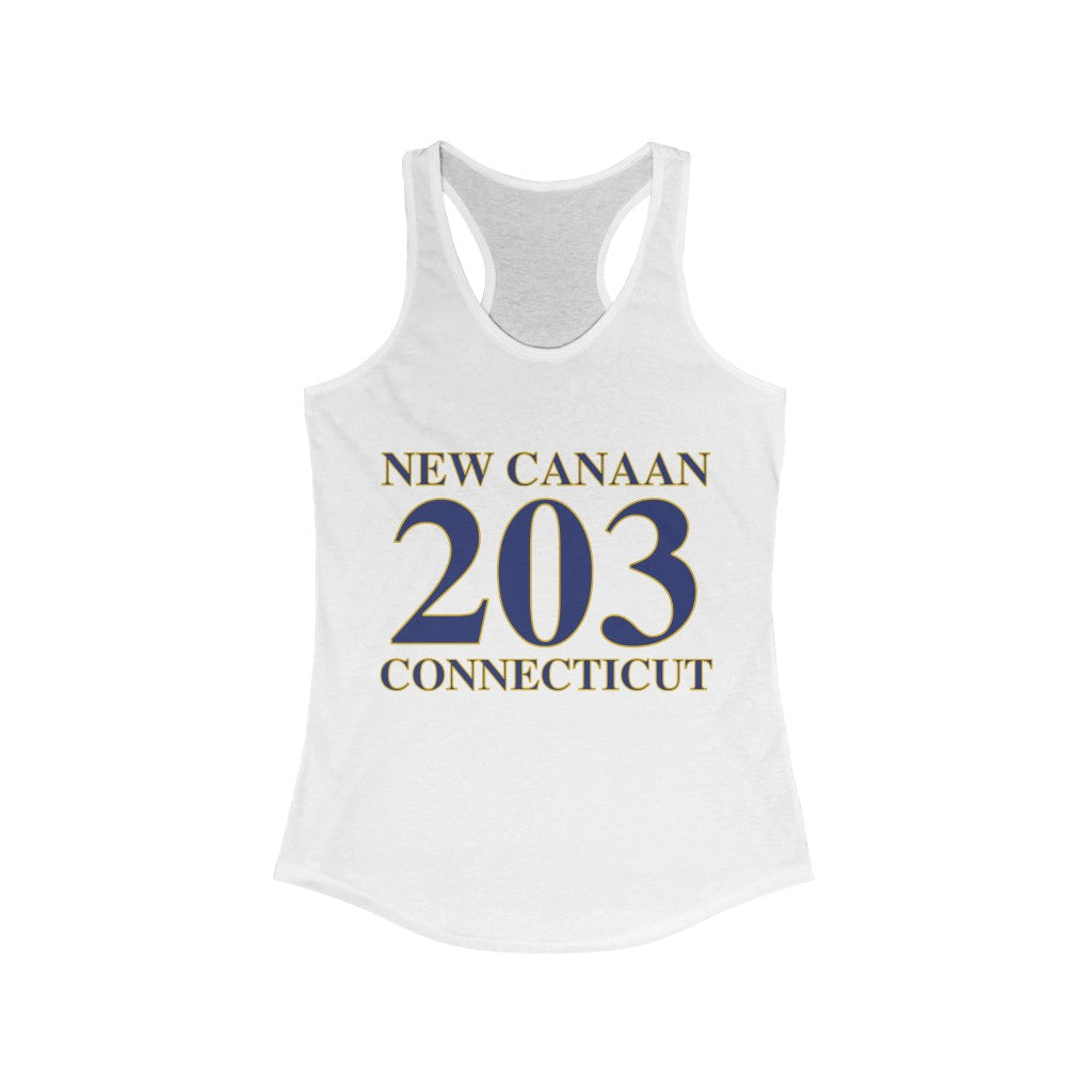New Canaan 203 Connecticut Women's Ideal Racerback Tank The 203 New Canaan Collection. Show off New Canaan and Connecticut at the same time. Colors were inspired by the Connecticut state flag. Proceeds help build Finding New Canaan and Finding Connecticut's brand.