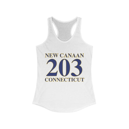 New Canaan 203 Connecticut Women's Ideal Racerback Tank  The 203 New Canaan Collection. Show off New Canaan and Connecticut at the same time. Colors were inspired by the Connecticut state flag.   Proceeds help build Finding New Canaan and Finding Connecticut's brand.