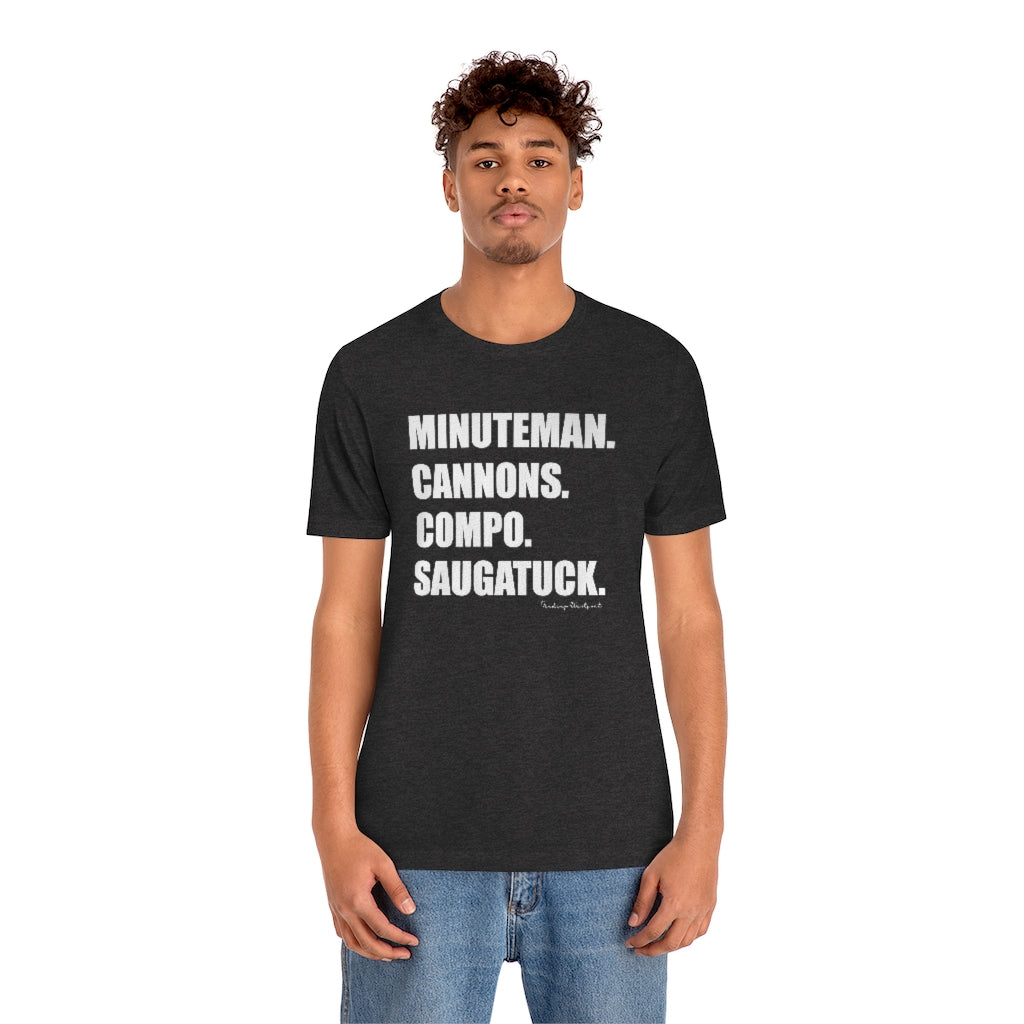 Minuteman. Cannons. Compo. Saugatuck. Unisex Jersey Short Sleeve Tee How do you say Westport without saying Westport? Westport, Connecticut is filled with unique aspects. Each providing different elements that make up the town from historic to modern traditions. Minuteman. Cannons. Compo. Saugatuck. You know its Westport. Proceeds of this collection goes to help build Finding Westport and Finding Connecticut's brands.