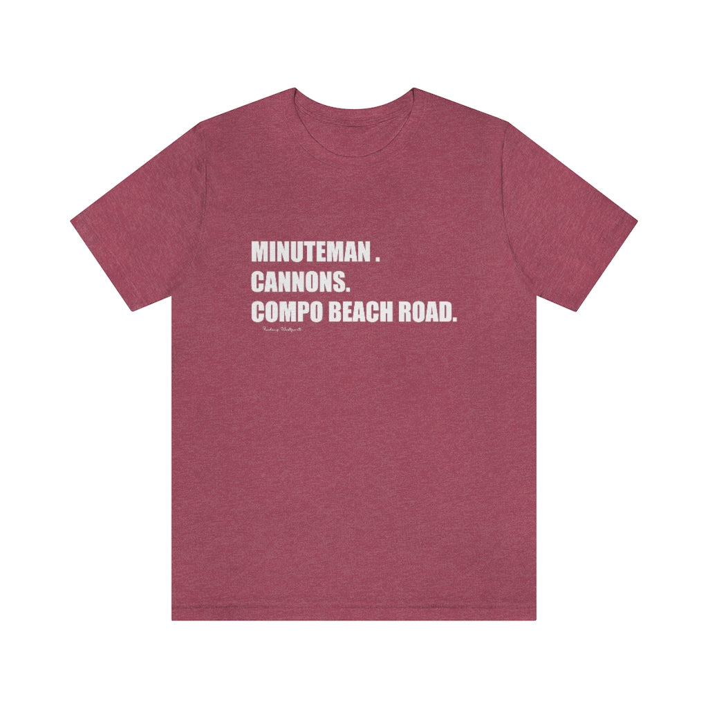 Minuteman. Cannons. Compo Beach Road. Unisex Jersey Short Sleeve Tee How do you say Westport without saying Westport? Westport, Connecticut is filled with unique aspects. Each providing different elements that make up the town from historic to modern traditions. Minuteman. Cannons. Compo Beach Road. You know its Westport. Proceeds of this collection goes to help build Finding Westport and Finding Connecticut's brands.