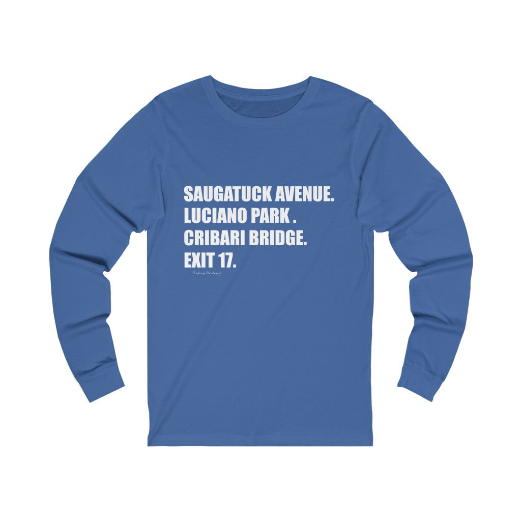 Saugatuck Ave. Luciano Park. Cribari Bridge. Exit 17. Unisex Jersey Long Sleeve Tee How do you say Westport without saying Westport? Westport, Connecticut is filled with unique aspects. Each providing different elements that make up the town from historic to modern traditions. Proceeds of this collection goes to help build Finding Westport and Finding Connecticut's brands.
