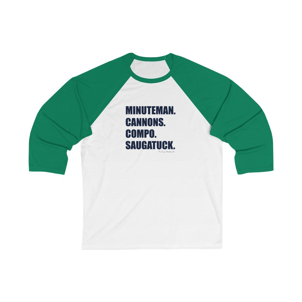 Minuteman. Cannons. Compo. Saugatuck. Unisex 3/4 Sleeve Baseball Tee How do you say Westport without saying Westport? Westport, Connecticut is filled with unique aspects. Each providing different elements that make up the town from historic to modern traditions. Minuteman. Cannons. Compo. Saugatuck. You know its Westport. Proceeds of this collection goes to help build Finding Westport and Finding Connecticut's brands.