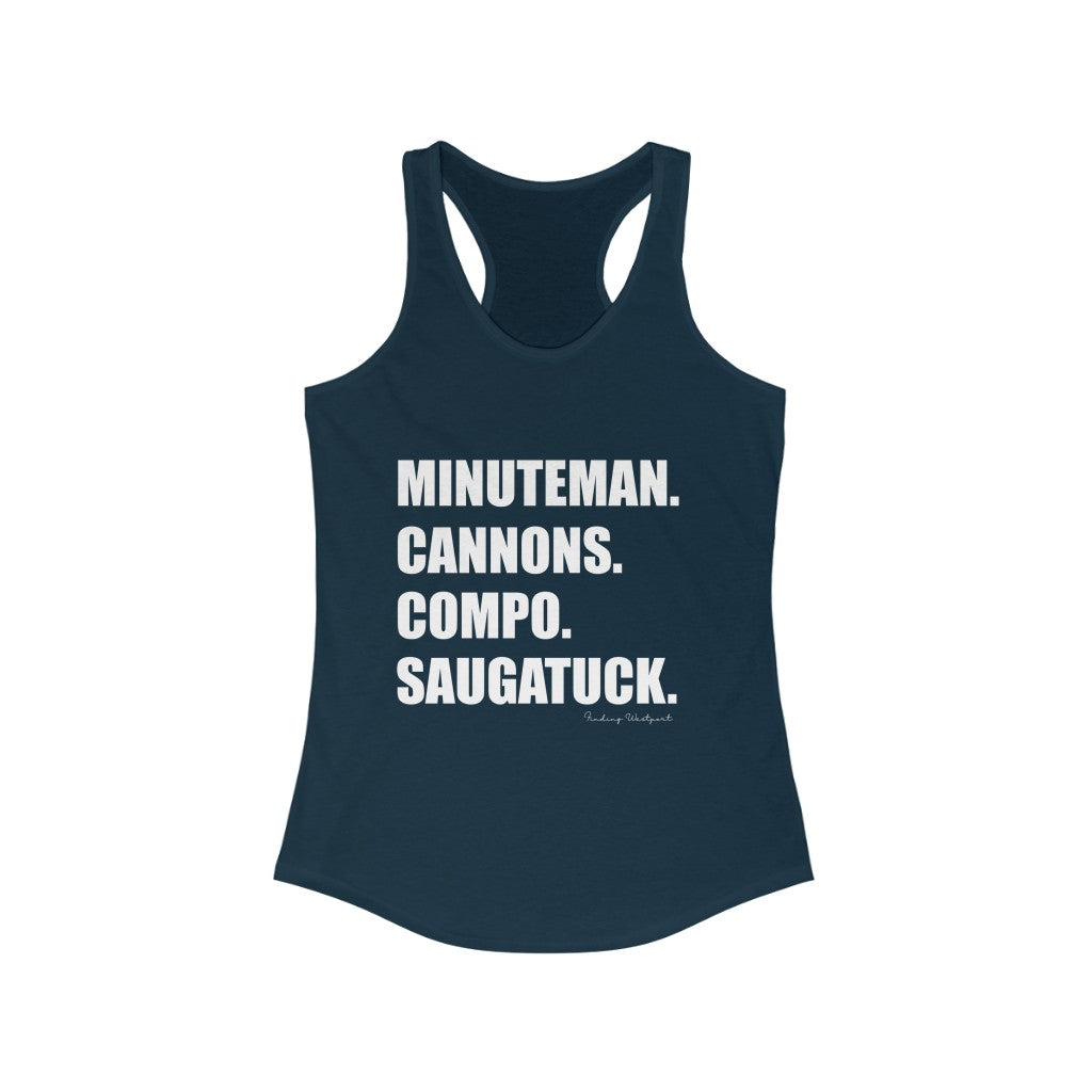 Minuteman. Cannons. Compo. Saugatuck. Women's Ideal Racerback Tank How do you say Westport without saying Westport? Westport, Connecticut is filled with unique aspects. Each providing different elements that make up the town from historic to modern traditions. Minuteman. Cannons. Compo. Saugatuck. You know its Westport. Proceeds of this collection goes to help build Finding Westport and Finding Connecticut's brands.