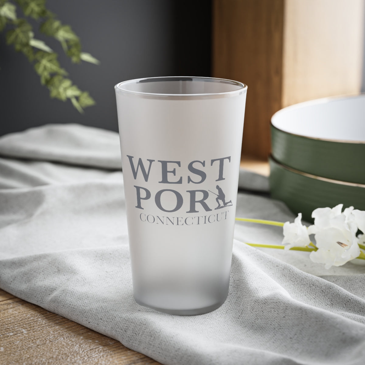 Westport Connecticut  Frosted Pint Glass, 16 oz