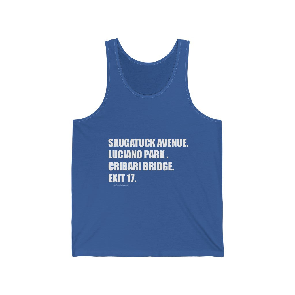 Saugatuck Ave. Luciano Park. Cribari Bridge. Exit 17. Unisex Jersey Tank How do you say Westport without saying Westport? Westport, Connecticut is filled with unique aspects. Each providing different elements that make up the town from historic to modern traditions. Proceeds of this collection goes to help build Finding Westport and Finding Connecticut's brands.