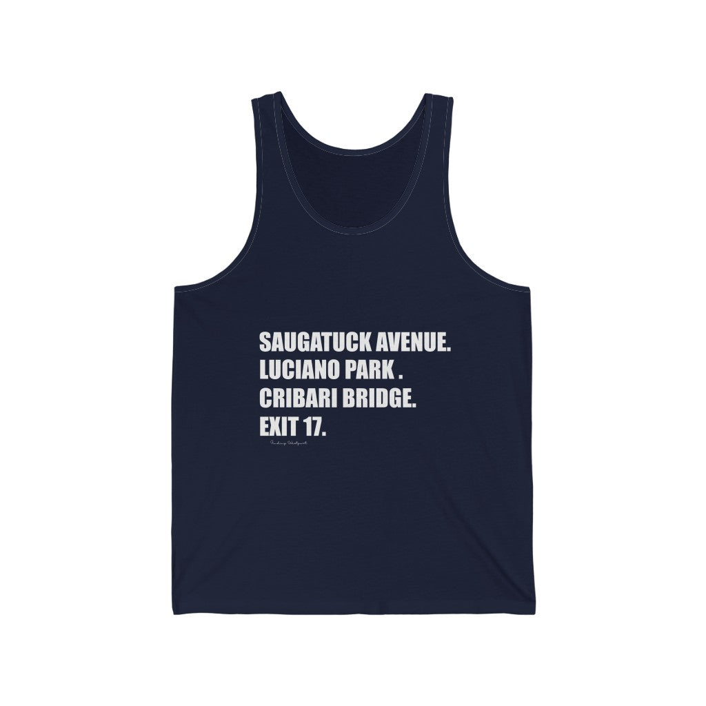 Saugatuck Ave. Luciano Park. Cribari Bridge. Exit 17. Unisex Jersey Tank How do you say Westport without saying Westport? Westport, Connecticut is filled with unique aspects. Each providing different elements that make up the town from historic to modern traditions. Proceeds of this collection goes to help build Finding Westport and Finding Connecticut's brands.