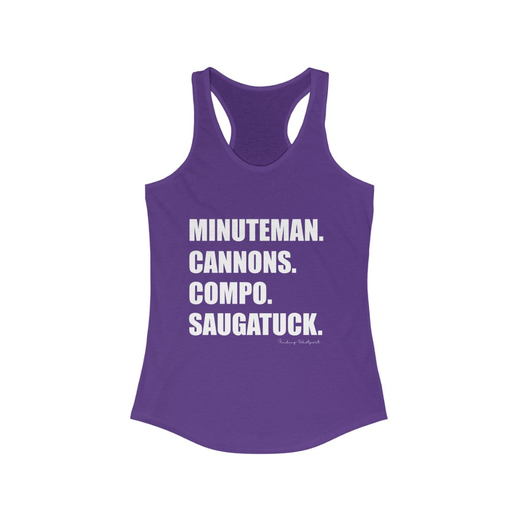 Minuteman. Cannons. Compo. Saugatuck. Women's Ideal Racerback Tank How do you say Westport without saying Westport? Westport, Connecticut is filled with unique aspects. Each providing different elements that make up the town from historic to modern traditions. Minuteman. Cannons. Compo. Saugatuck. You know its Westport. Proceeds of this collection goes to help build Finding Westport and Finding Connecticut's brands.