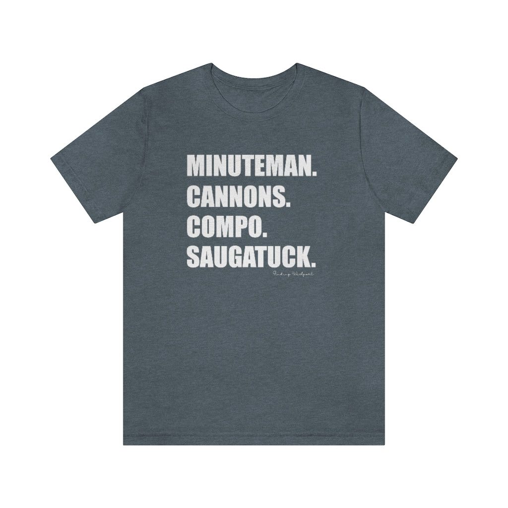 Minuteman. Cannons. Compo. Saugatuck. Unisex Jersey Short Sleeve Tee How do you say Westport without saying Westport? Westport, Connecticut is filled with unique aspects. Each providing different elements that make up the town from historic to modern traditions. Minuteman. Cannons. Compo. Saugatuck. You know its Westport. Proceeds of this collection goes to help build Finding Westport and Finding Connecticut's brands.