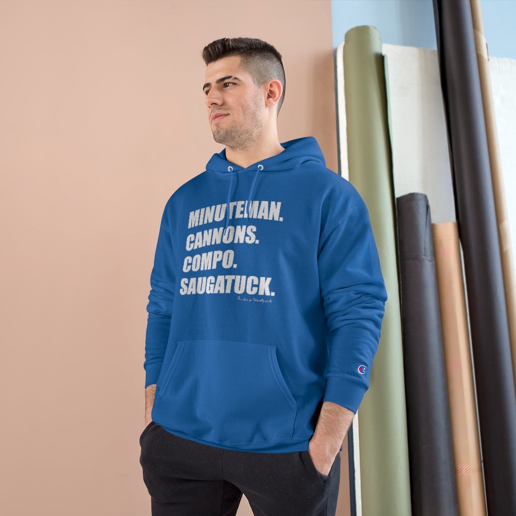 Minuteman. Cannons. Compo. Saugatuck. Champion Hoodie How do you say Westport without saying Westport? Westport, Connecticut is filled with unique aspects. Each providing different elements that make up the town from historic to modern traditions. Minuteman. Cannons. Compo. Saugatuck. You know its Westport. Proceeds of this collection goes to help build Finding Westport and Finding Connecticut's brands.