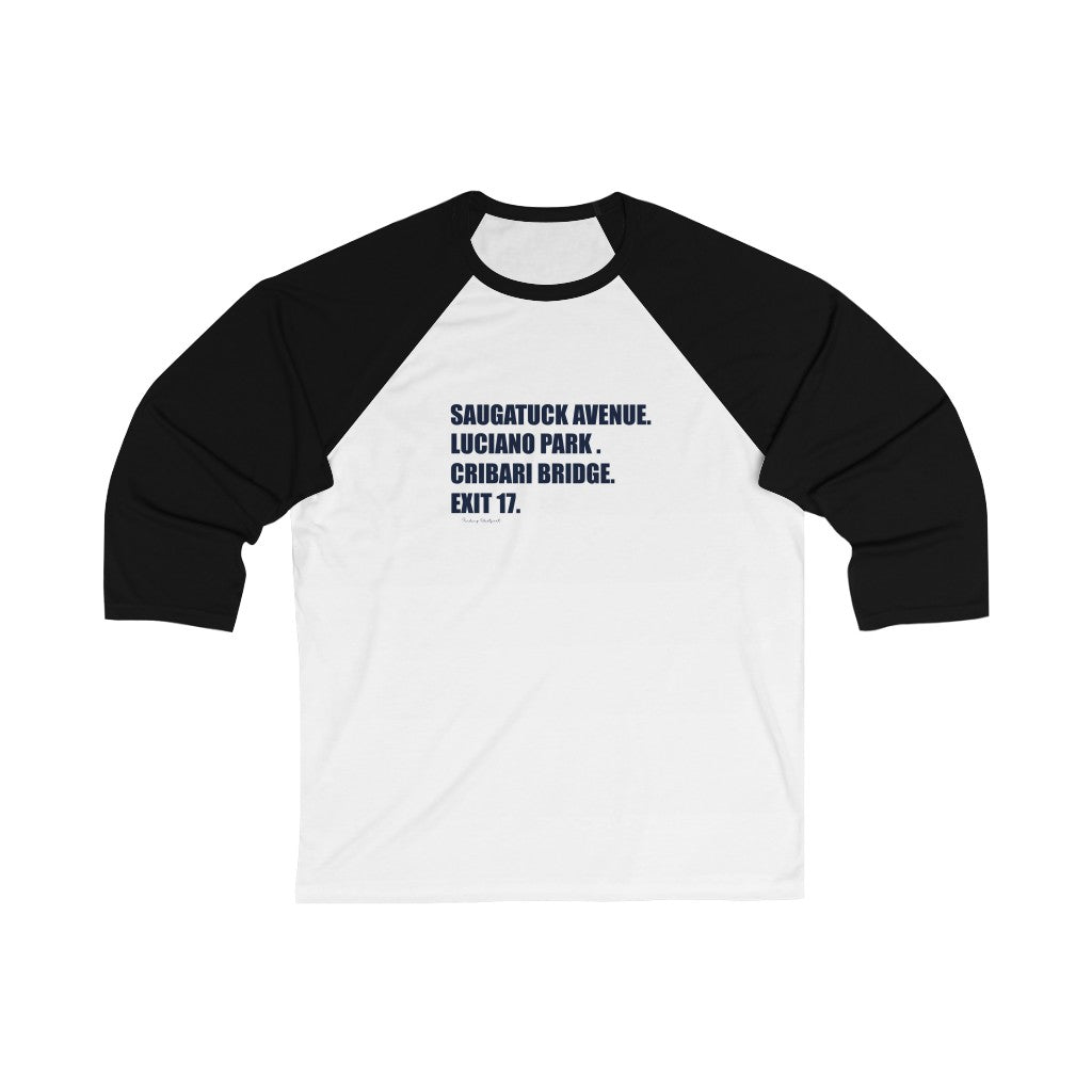 Saugatuck Ave. Luciano Park. Cribari Bridge. Exit 17. Unisex 3/4 Sleeve Baseball Tee How do you say Westport without saying Westport? Westport, Connecticut is filled with unique aspects. Each providing different elements that make up the town from historic to modern traditions. Proceeds of this collection goes to help build Finding Westport and Finding Connecticut's brands.