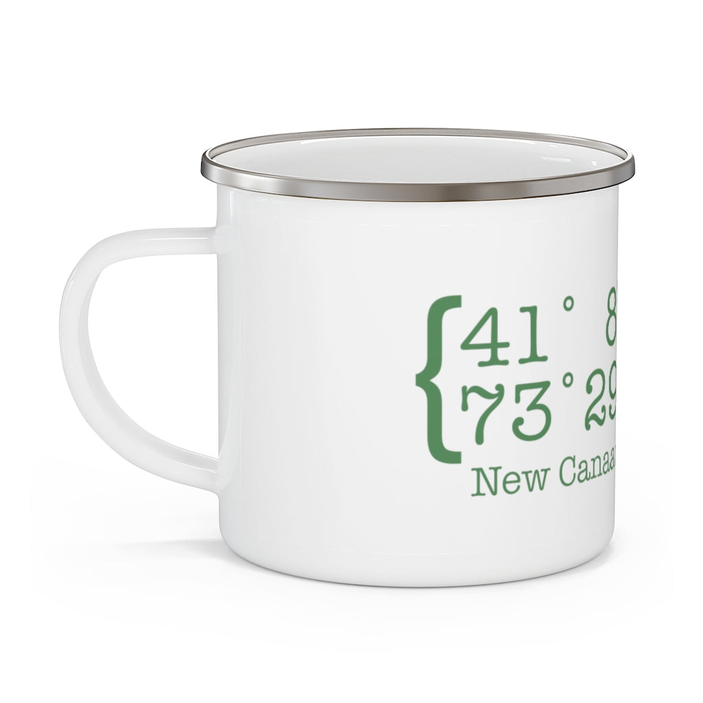 New Canaan Coordinates Enamel Camping Mug  Does New Canaan, Connecticut always have a special place in your heart. The Coordinates collection marks the spot for the special place you have ties to.   Proceeds helps grow Finding New Canaan and Finding Connecticut's brand grow.